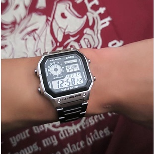 1200WHD 防水手表AE Casio不锈钢表带休闲复古小银块男款 卡西欧