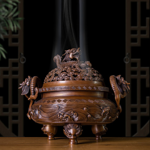 龙钮云纹客厅红铜工艺品香熏炉
