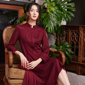 收腰气质女装 原创设计翻领珠绣羊毛连衣裙修身 新款 布符冬季