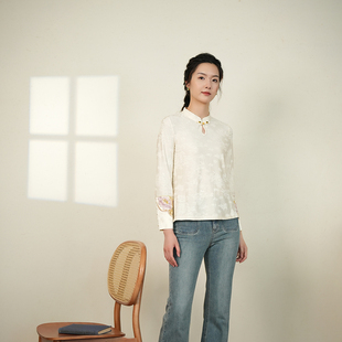 文艺女装 布符秋季 旗袍上衣休闲百搭中式 绣花水滴领拼袖 新品