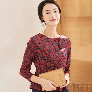 时尚 印花修身 复古休闲日常清新搭配T恤上衣女 长袖 布符春新款