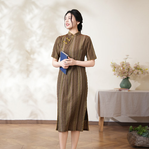 布符夏季新款女士彩绿条纹花扣旗袍手工花扣改良中式国风