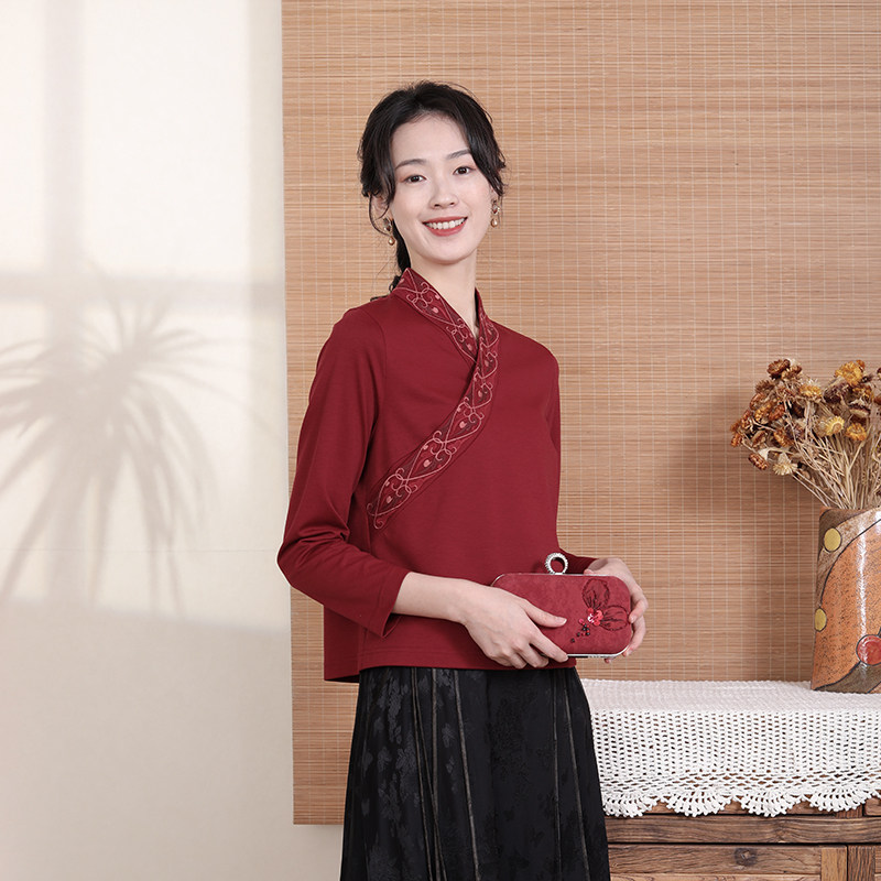 布符春季刺绣上衣新款内搭打底衫长袖针织汉服领T恤女士宽松,女装/女士精品,T恤,淘宝优惠券,粉丝福利购,淘宝优惠卷