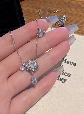 法式复古中世纪立体拉丝玫瑰轻奢山茶花项链镶钻饰品女