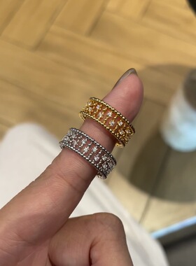 vintage中古拉丝戒指复古满钻气质高级感轻奢珠边蕾丝竹节排戒女
