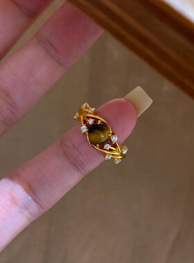 纳米镀膜强保色复古美拉德天然虎眼石戒指轻奢高级感藤曼虎眼戒