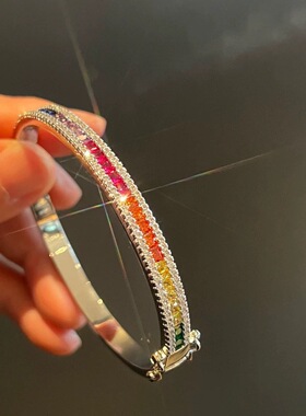 网红lulu同款轻奢彩宝手镯重工微镶高碳钻锆石七彩碧玺卡扣手环