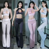 女士 主播酒吧透明紧身裤 诱惑冰丝长裤 超薄高弹丝滑开档情人喇叭裤