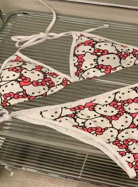 可爱少女HelloKitty黑色凯蒂猫比基尼女小胸聚拢分体纯欲温泉泳衣