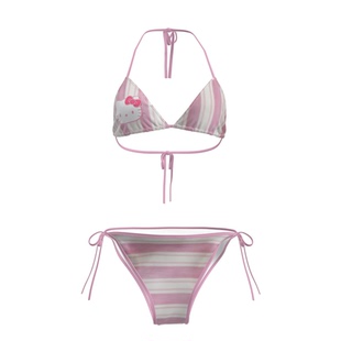 系带可爱纯欲性感分体绑带比基尼两件套女卡通印花海边度假泳衣夏