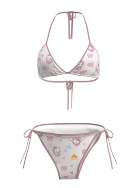 凯蒂猫印花可爱多巴胺少女粉色比基尼女小胸聚拢分体泳衣泡温泉女
