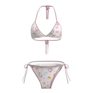 凯蒂猫印花可爱多巴胺少女粉色比基尼女小胸聚拢分体泳衣泡温泉女