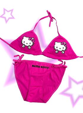 多巴胺自制黑皮HelloKitty挂脖带胸垫比基尼辣妹泳衣吊带内衣套装