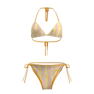 夏季 辣妹千禧y2k黄色条纹星星比基尼两件套分体绑带泳衣海边度假