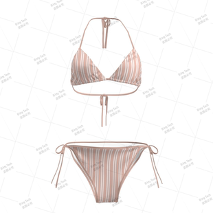 粉白色条纹比基尼女两件套系带泳装 辣妹风海边度假可爱性感内衣女