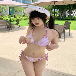多巴胺辣妹粉色比基尼分体绑带泳衣夏日海边度假少女可爱内衣套装