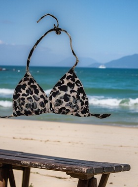 欧美性感豹纹比基尼挂脖式分体泳衣女小胸聚拢显瘦沙滩度假温泉女
