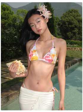 多巴胺少女度假现货2024年新款民族风印花比基尼泳衣女热卖绑带女