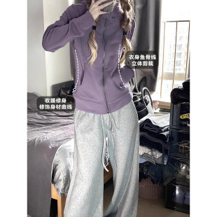 紫色修身卫衣外套女正肩上衣加绒春季运动连帽开衫美式收腰掐腰韩