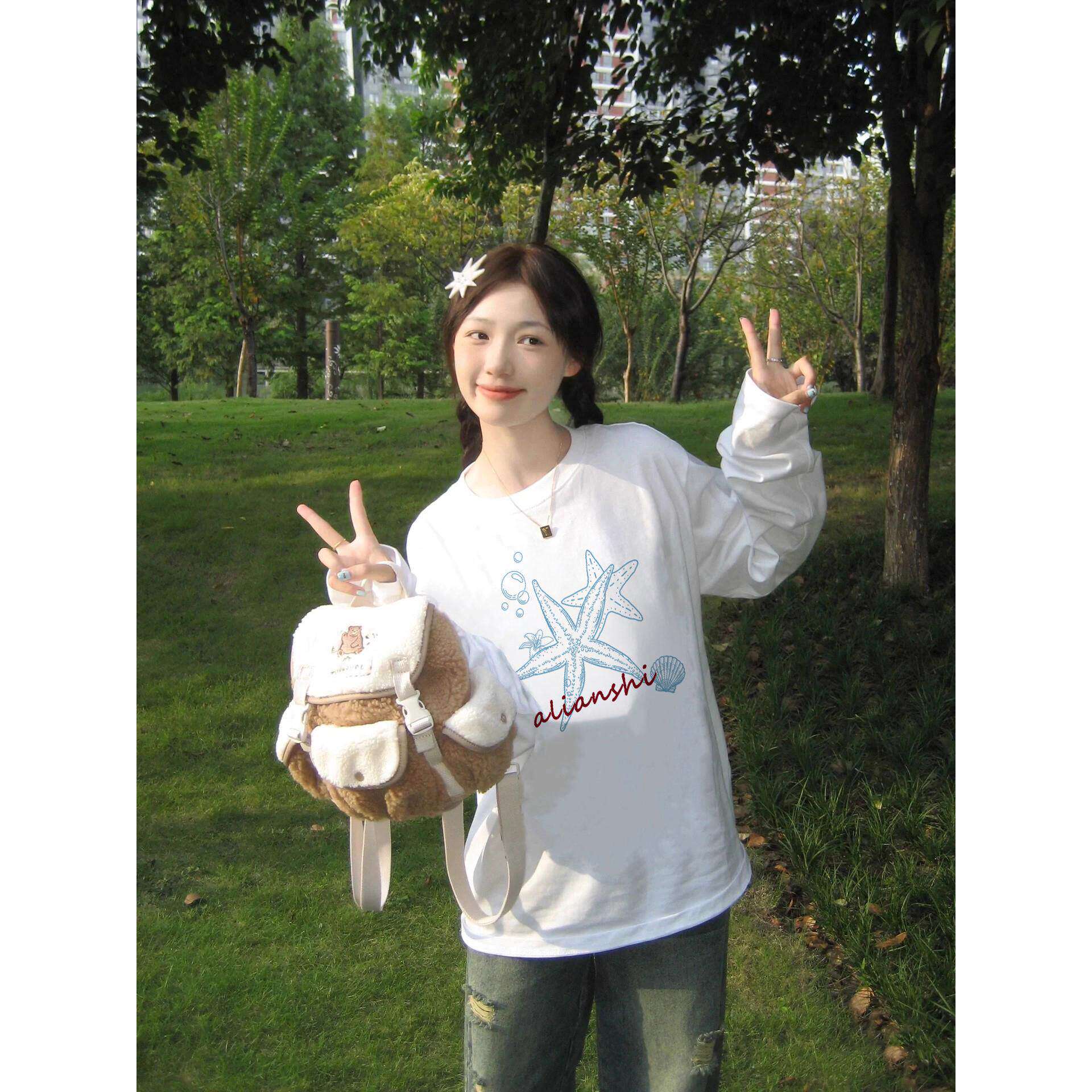 100%纯棉美式复古正肩白色长袖t恤女2026新款春季薄款慵懒上衣潮