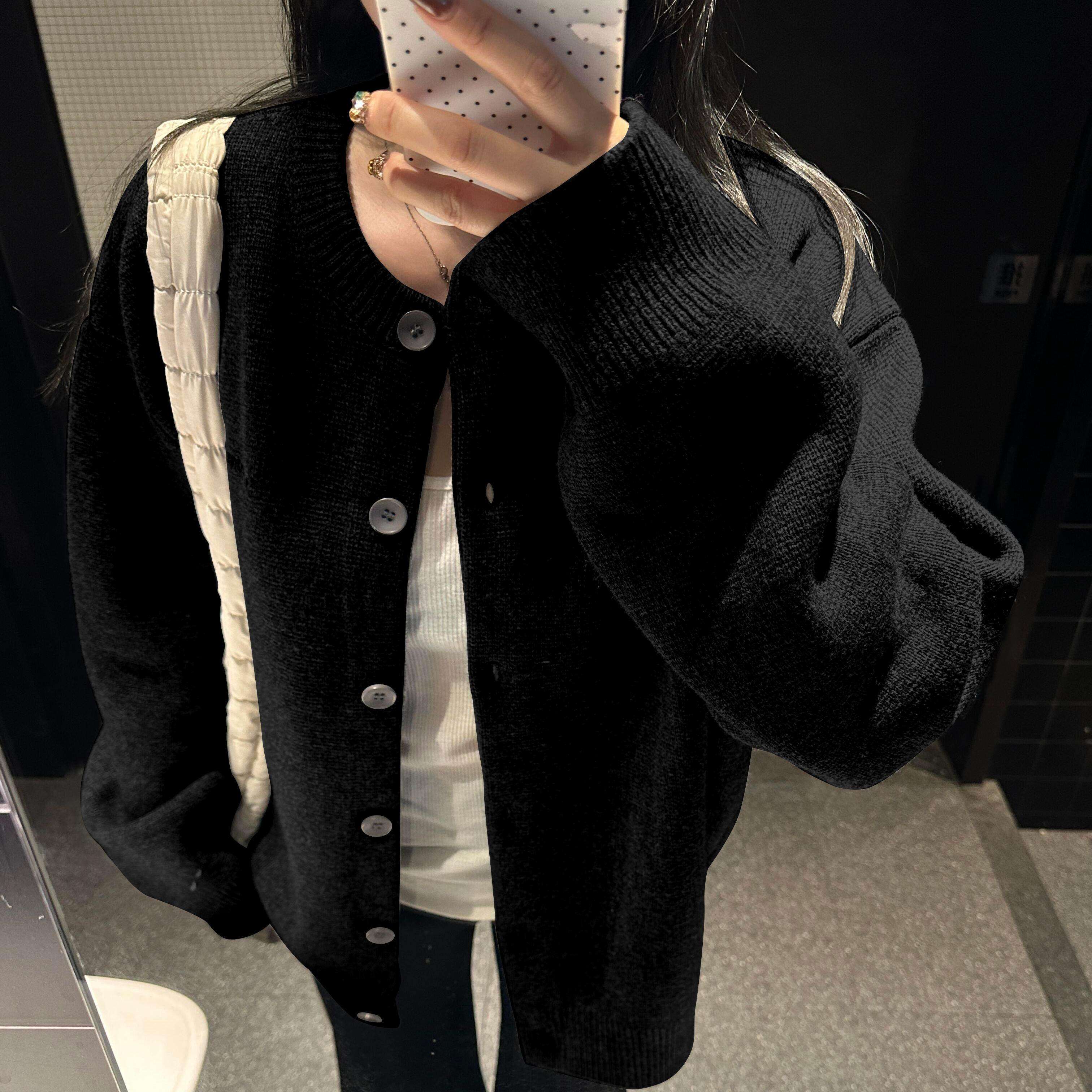 黑色针织开衫女秋季宽松慵懒风休闲高级感春秋外搭毛衣外套上衣冬