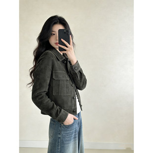 新款 外套女2026春季 酷飒风机车皮衣夹克上衣 复古绿色麂皮短款 美式