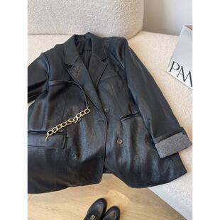 时尚 黑色皮衣西装 韩版 新款 宽松高级感皮夹克上衣潮 外套女2025秋装