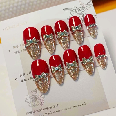 新款手工美甲爆闪穿戴甲新娘假指甲贴片仿真自然长款美甲穿戴甲