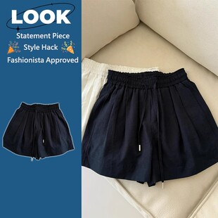 抽绳高腰显瘦a字阔腿裤 杭州四季 女夏季 藏青色棉麻短裤 青高端爆款