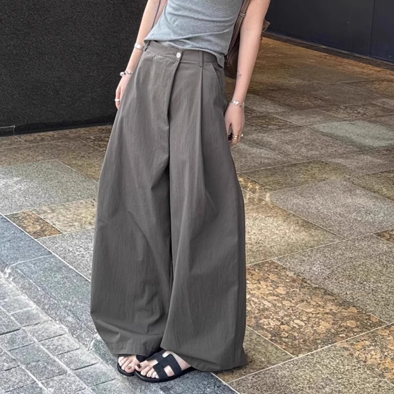 chao级推荐！宽松bf慵懒风灰色阔腿裤女春夏新款纸皮人松弛感裤子