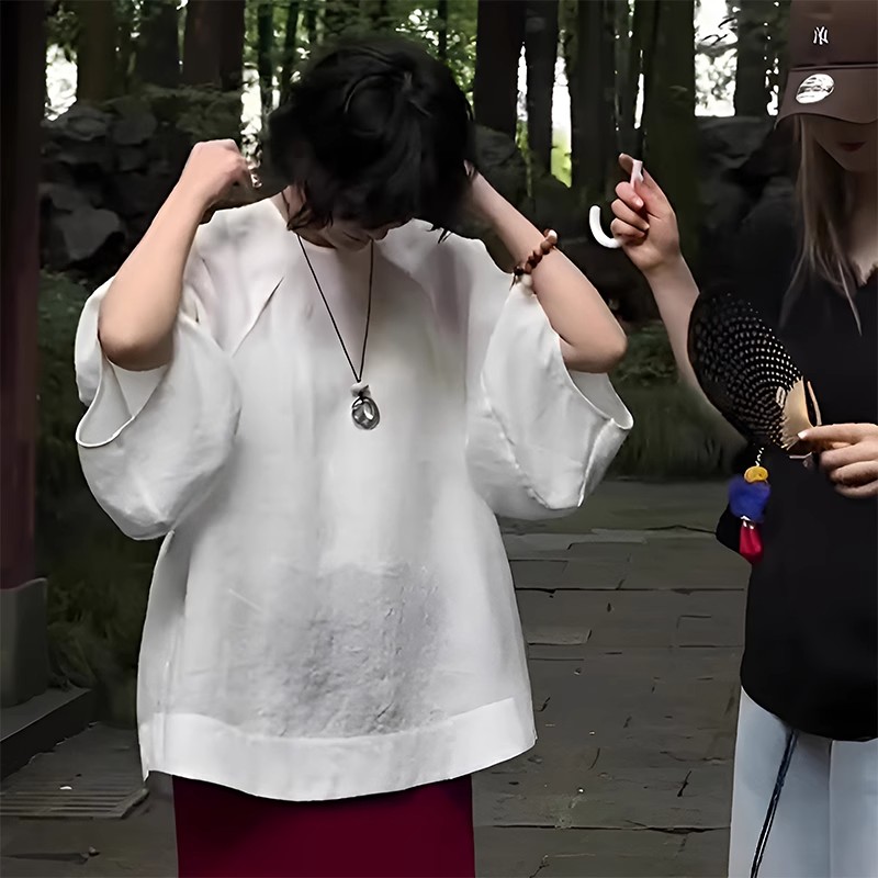 法式苎麻简约圆领蝙蝠袖衬衫女2025新款夏季薄款小衫气质女士上衣