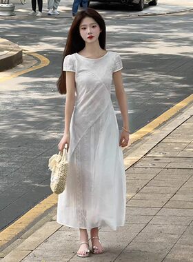 法式气质蕾丝白色连衣裙女装2025夏季新款超仙绝美休闲收腰长裙子