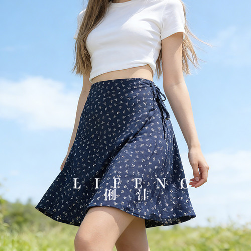 碎花系带半身裙女高腰短裙A字裙