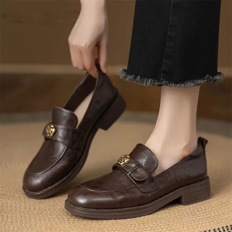 2026新款内增高山茶花乐福鞋女2026春新款单鞋棕色复古真皮粗跟懒,女鞋,深口单鞋,淘宝优惠券,粉丝福利购,淘宝优惠卷