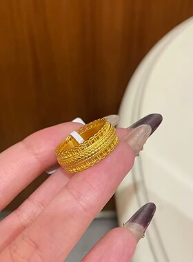 古法沙金花丝编织腰缠万贯戒指女仿黄金色好寓意财富好运闭口戒指