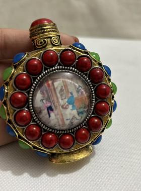 古玩杂项民国老藏银带勺鼻烟壶双面猫眼石收藏烟具精美礼品