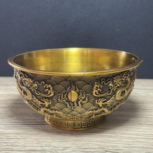 古玩仿铜器收藏大清乾隆年制鎏金浮雕双龙戏珠碗铜碗家居摆件