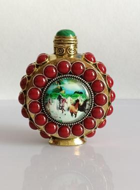 古玩杂项民国老藏银带勺鼻烟壶双面宝石收藏烟具精美礼品