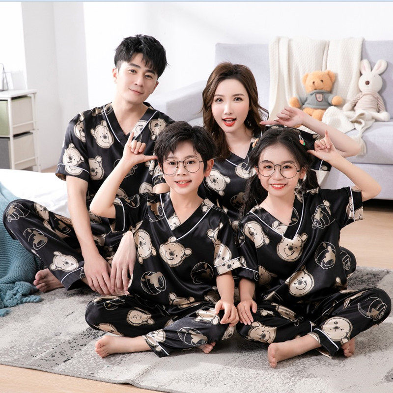夏季情侣睡衣冰丝绸亲子母女母子父子父女一家三口兄妹家居服套装
