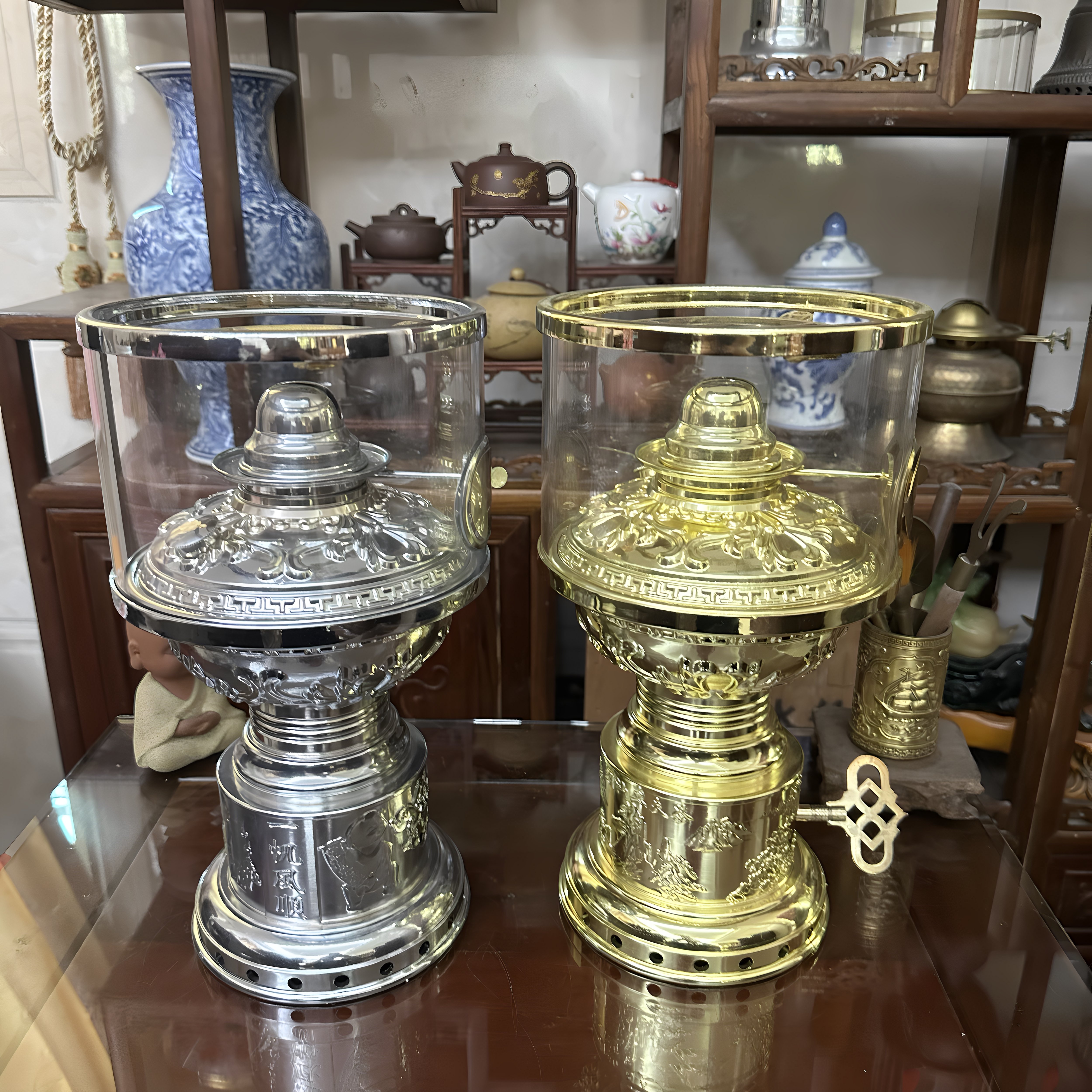 上链灯精品诗炎三塔上链灯中式复古茶灯明火煮茶炉鼓风煤油灯茶灯