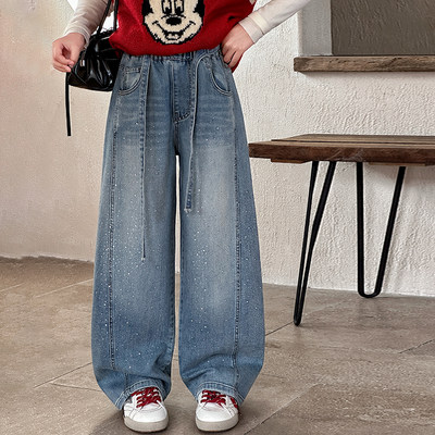 女童烫钻阔腿牛仔裤秋冬新款