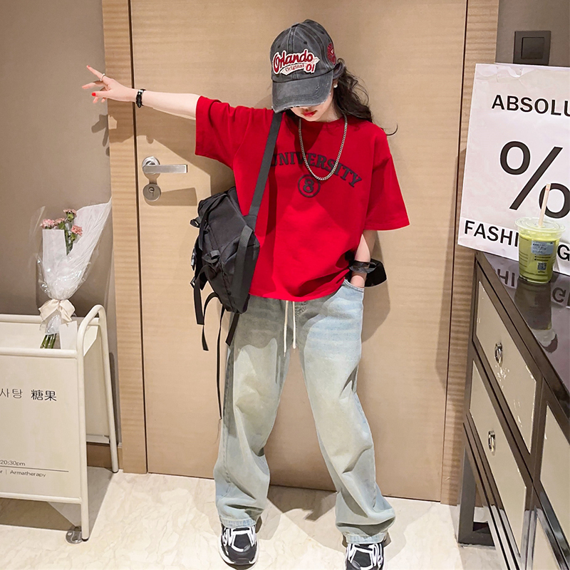 红色女童T恤短袖夏装2025新款儿童夏季上衣女大童女孩半袖体恤衫