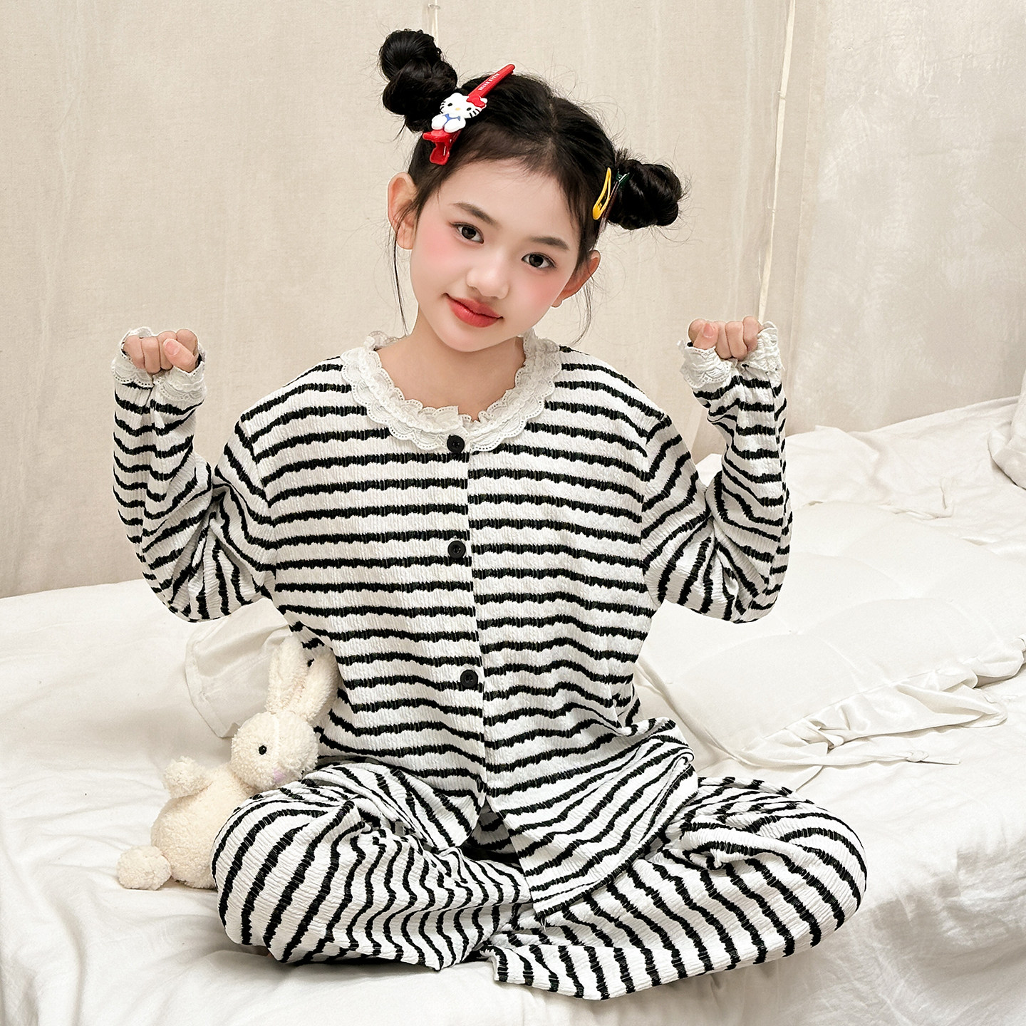 女童条纹睡衣薄款透气春秋中大童长袖蕾丝花边公主家居服套装透气,童装/婴儿装/亲子装,家居服套装,淘宝优惠券,粉丝福利购,淘宝优惠卷