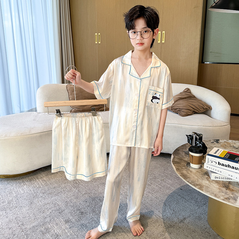 洋气冰丝夏季短袖长裤三件套睡衣