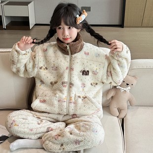女童睡衣冬季加厚法兰绒绒家居服套装韩版甜美拉链保暖珊瑚绒洋气
