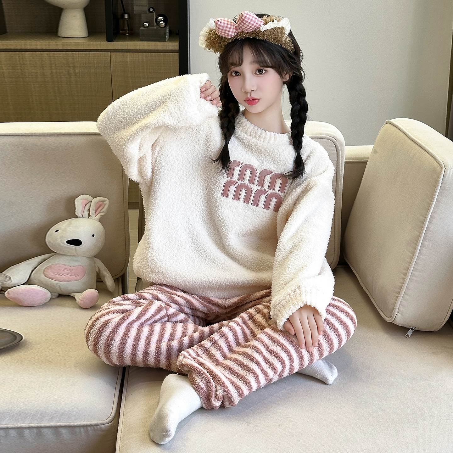 洋气休闲冬季女童加厚半边绒睡衣