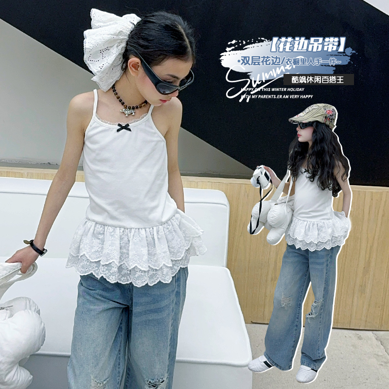 白色女童蕾丝花边背心吊带