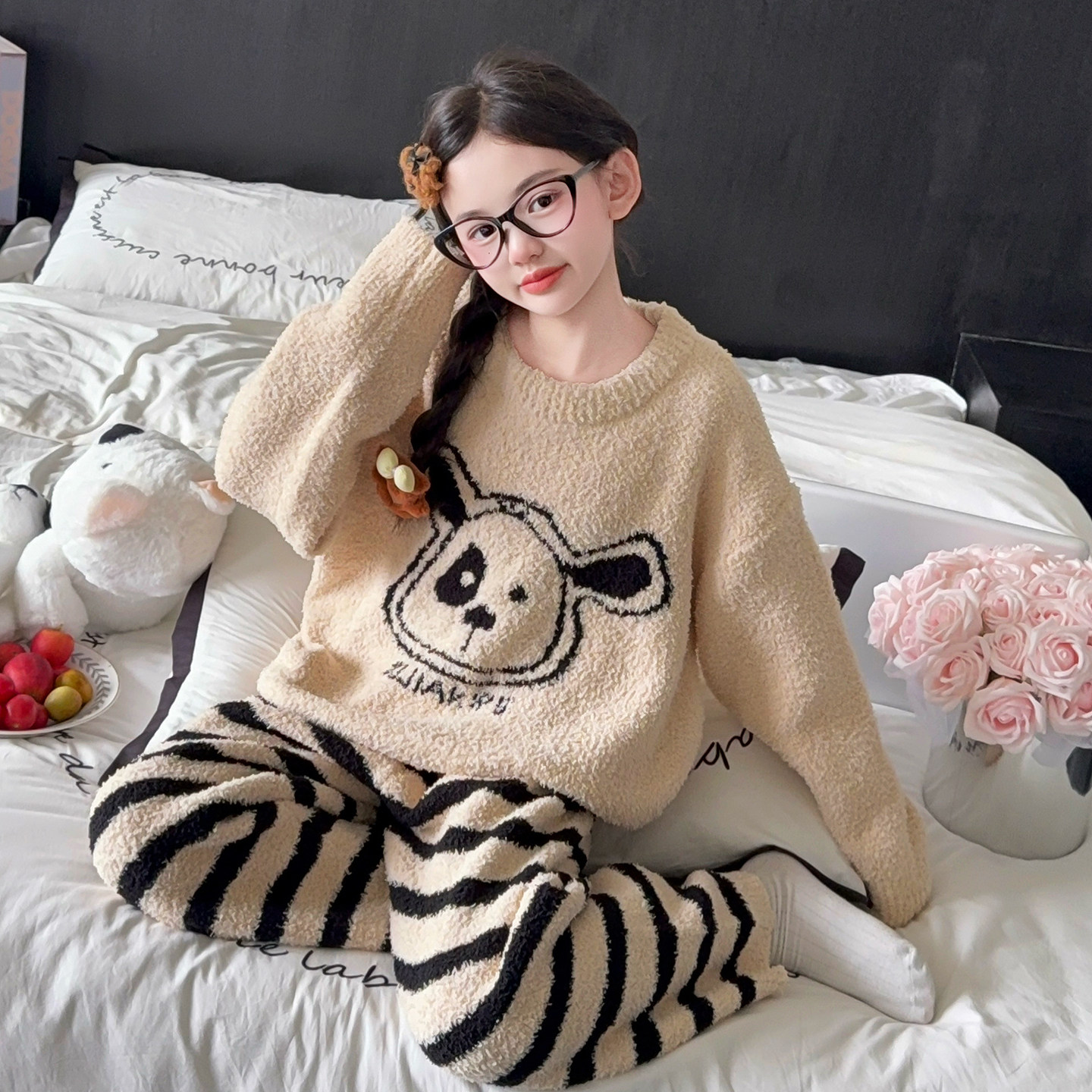 儿童半边绒睡衣秋冬卡通法兰绒加厚保暖女童长袖圆领家居服套装潮