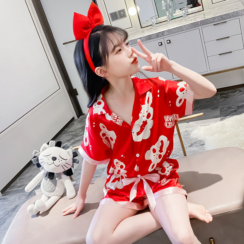 女童睡衣冰雪丝公主儿童薄款短袖短裤家居服本命年红底兔子空调服