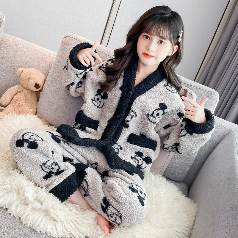 儿童女童睡衣秋冬法兰绒套装宽松亲子冬季女大童加厚家居服珊瑚绒